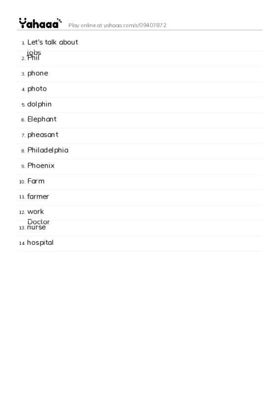 Word list with meanings worksheet for Let's talk about jobs, Phil, phone and 11 more