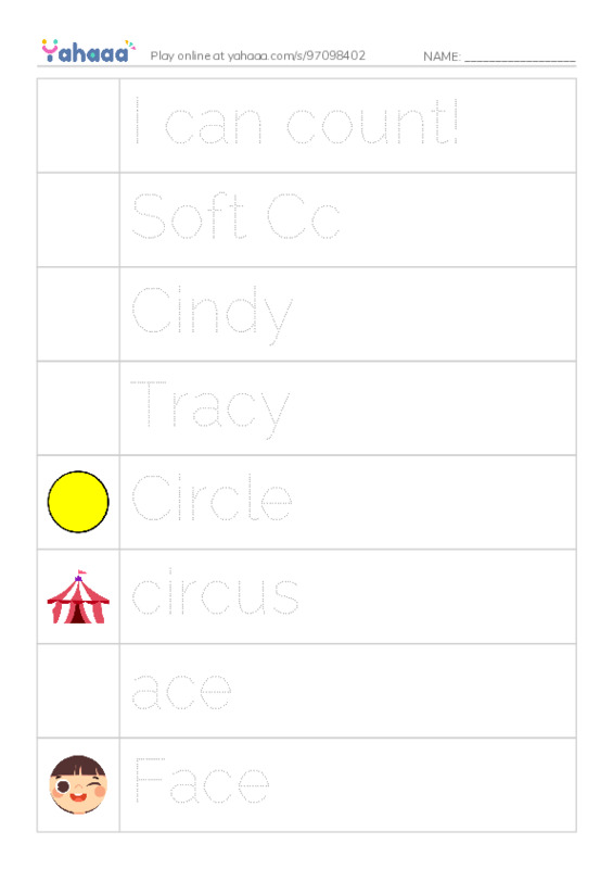Picture and word rows worksheet for I can count!, Soft Cc, Cindy and 13 more