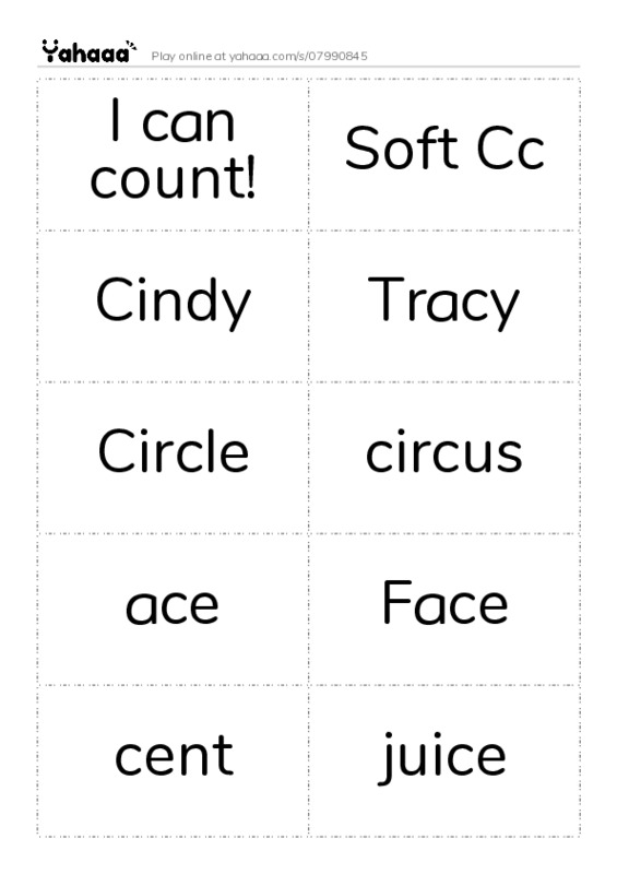 Word flashcards worksheet for I can count!, Soft Cc, Cindy and 13 more