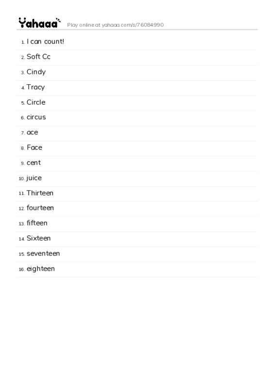 Word list with meanings worksheet for I can count!, Soft Cc, Cindy and 13 more