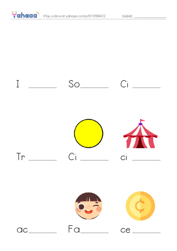 Finish the word worksheet for I can count!, Soft Cc, Cindy and 13 more