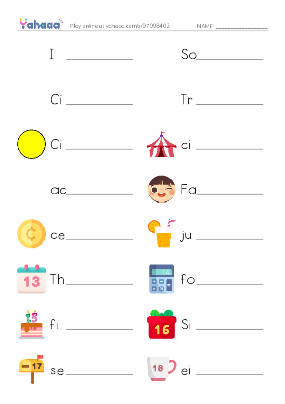 Write the word rows worksheet for I can count!, Soft Cc, Cindy and 13 more