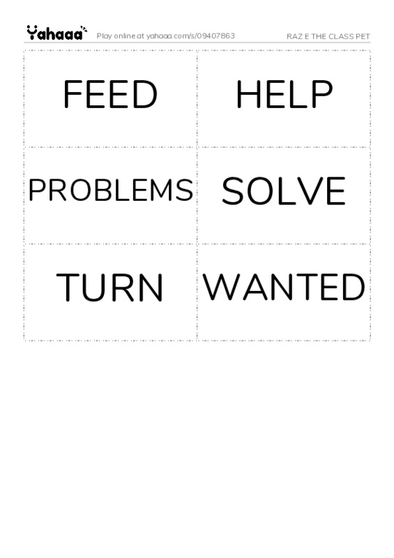 Word flashcards worksheet for RAZ E THE CLASS PET