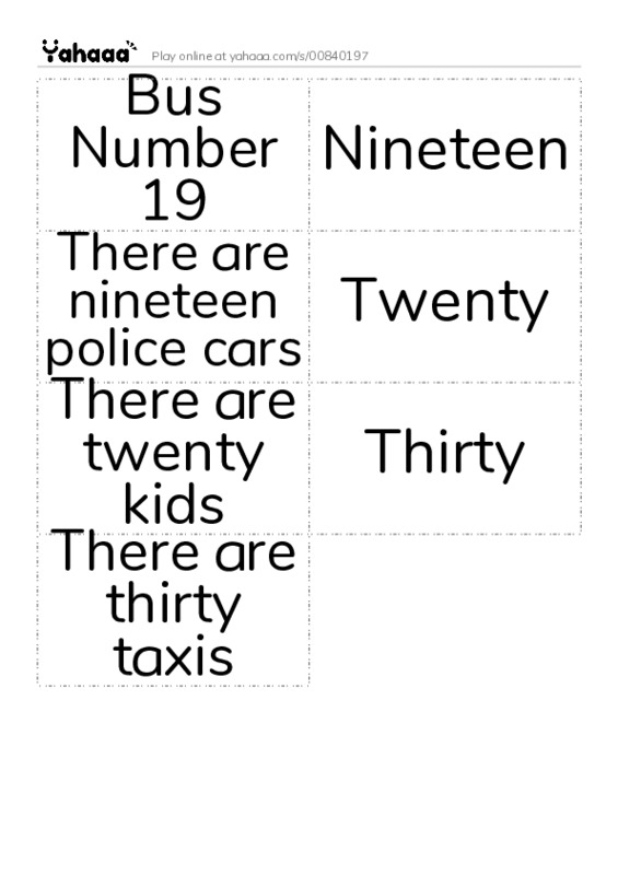 Word flashcards worksheet for Bus Number 19, Nineteen, There are nineteen police cars and 4 more