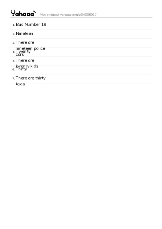 Word list with meanings worksheet for Bus Number 19, Nineteen, There are nineteen police cars and 4 more