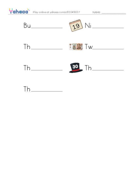 Write the word rows worksheet for Bus Number 19, Nineteen, There are nineteen police cars and 4 more