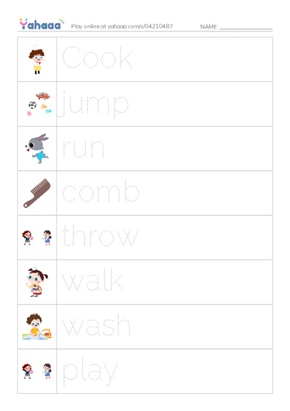 Picture and word rows worksheet for Action Verbs