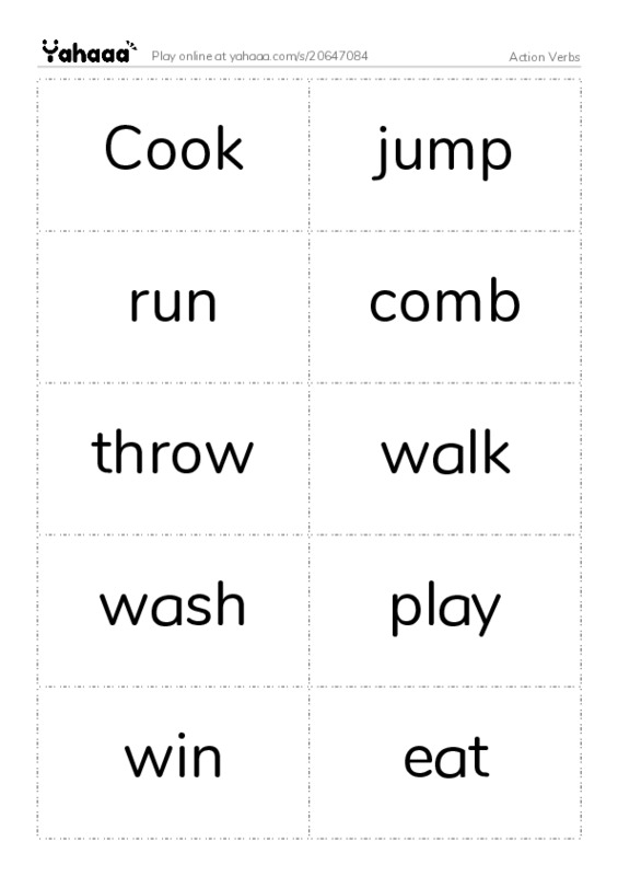 Word flashcards worksheet for Action Verbs