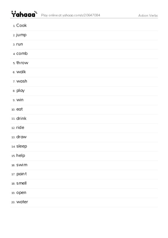Word list with meanings worksheet for Action Verbs