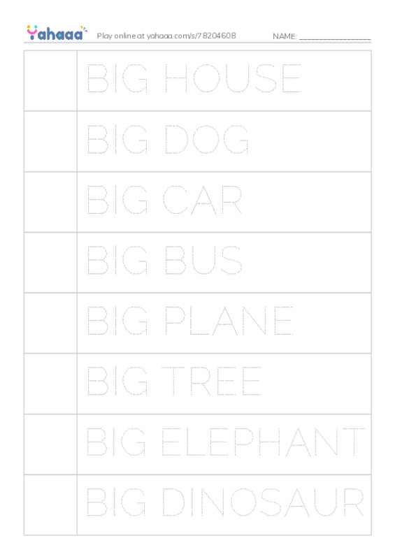 Picture and word rows worksheet for BIG