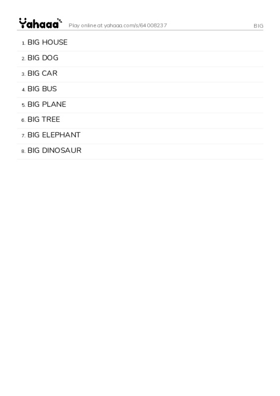Word list with meanings worksheet for BIG