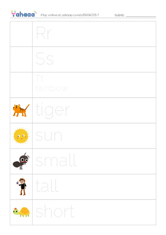 Picture and word rows worksheet for Rr, Ss, Tt
rainbow and 5 more