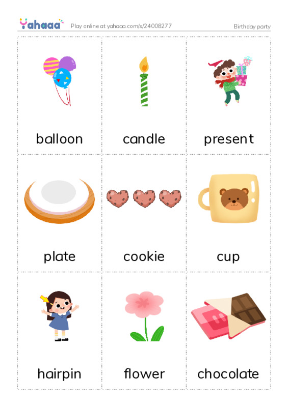 Picture flashcards worksheet for Birthday party
