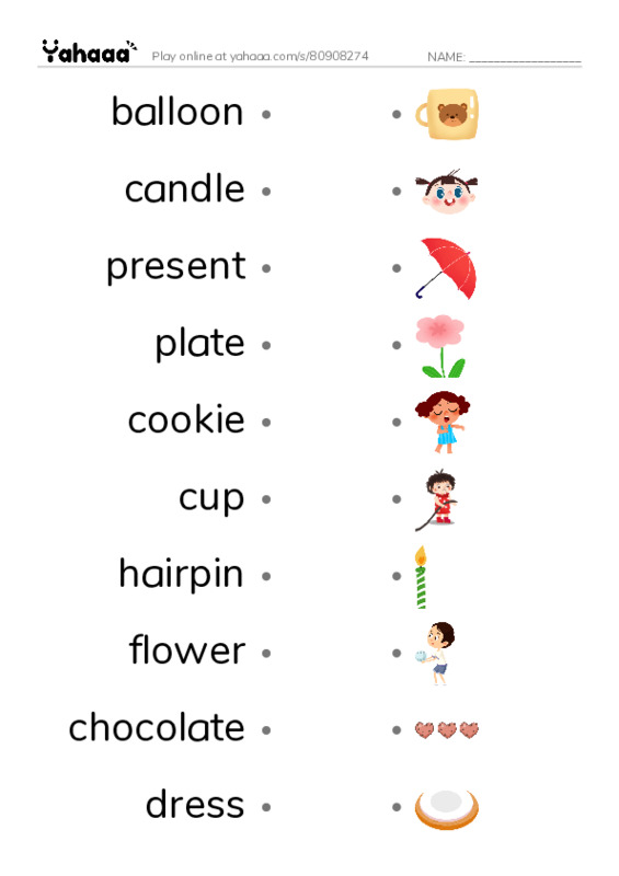 Draw a line to match worksheet for Birthday party