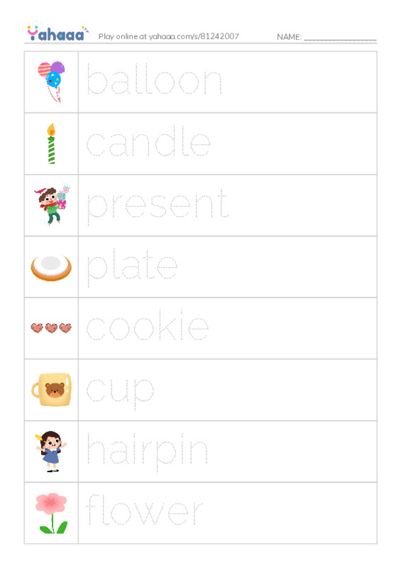 Picture and word rows worksheet for Birthday party