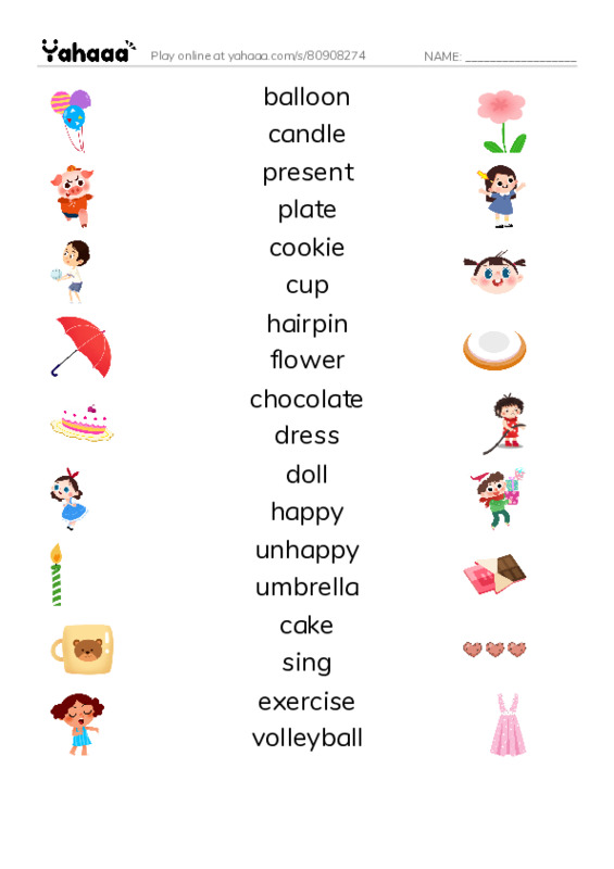 Match both sides worksheet for Birthday party