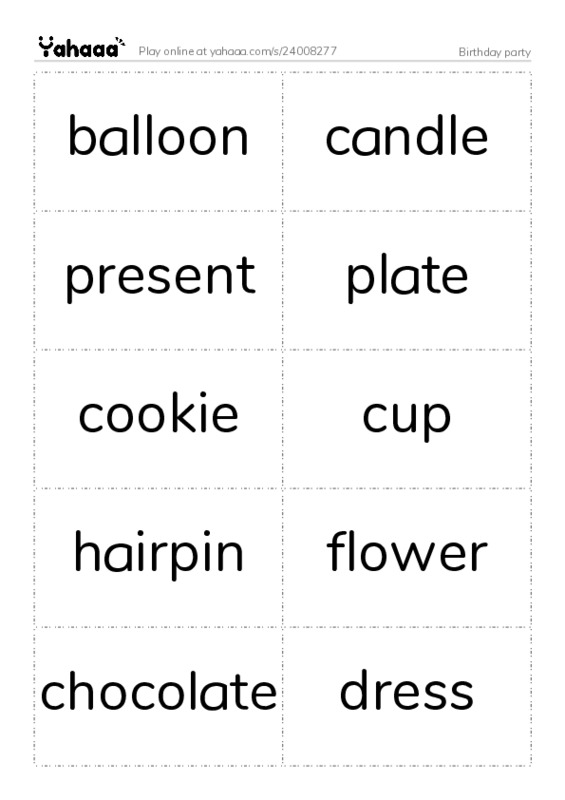 Word flashcards worksheet for Birthday party