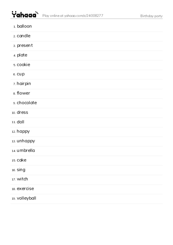 Word list with meanings worksheet for Birthday party
