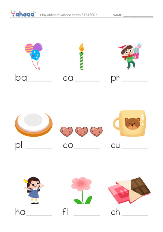 Finish the word worksheet for Birthday party