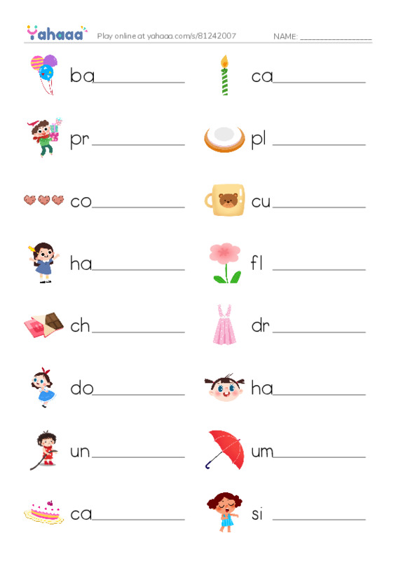 Write the word rows worksheet for Birthday party