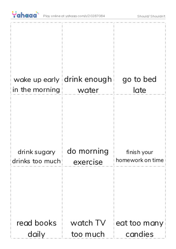 Picture flashcards worksheet for Should/ Shouldn't