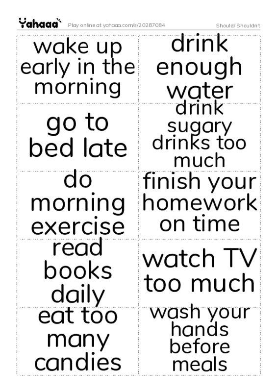Word flashcards worksheet for Should/ Shouldn't