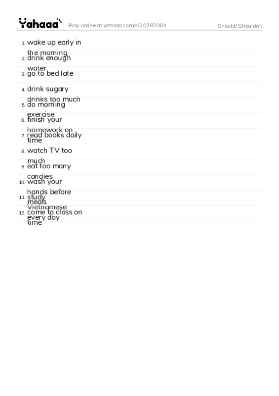 Word list with meanings worksheet for Should/ Shouldn't