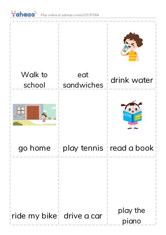 Picture flashcards worksheet for Walk to school, eat sandwiches, drink water and 9 more