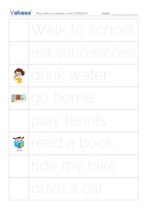 Picture and word rows worksheet for Walk to school, eat sandwiches, drink water and 9 more