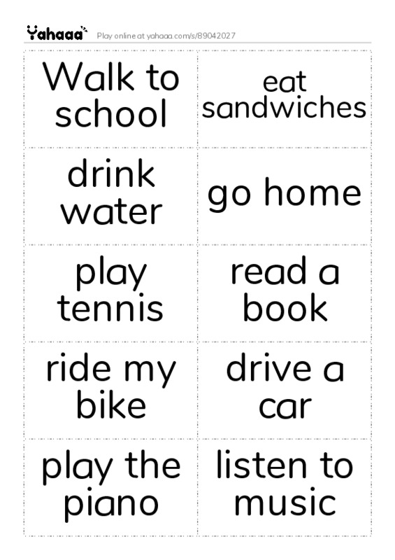 Word flashcards worksheet for Walk to school, eat sandwiches, drink water and 9 more