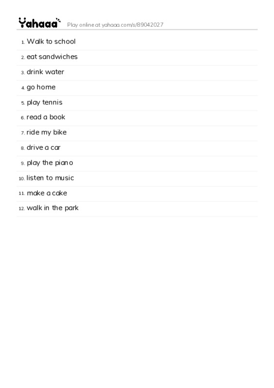 Word list with meanings worksheet for Walk to school, eat sandwiches, drink water and 9 more