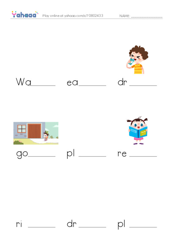 Finish the word worksheet for Walk to school, eat sandwiches, drink water and 9 more