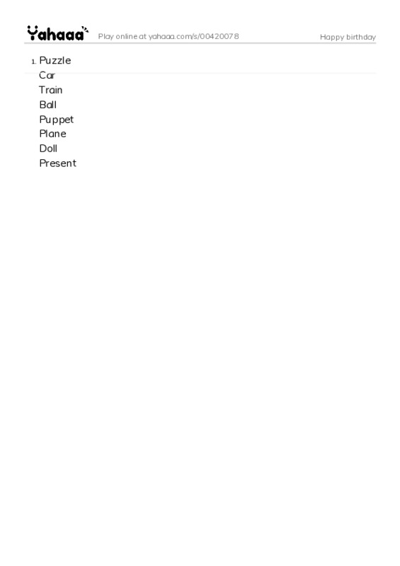 Word list with meanings worksheet for Happy birthday