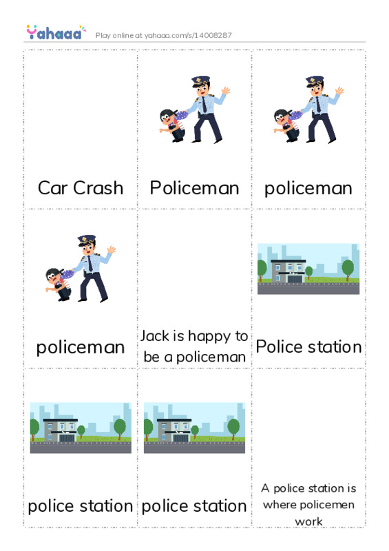 Picture flashcards worksheet for Car Crash, Policeman, policeman and 10 more