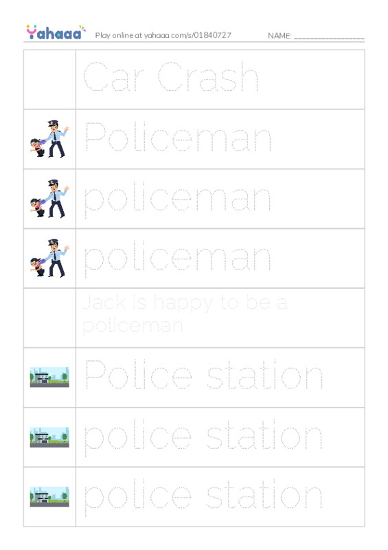 Picture and word rows worksheet for Car Crash, Policeman, policeman and 10 more