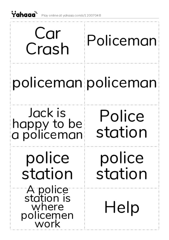 Word flashcards worksheet for Car Crash, Policeman, policeman and 10 more