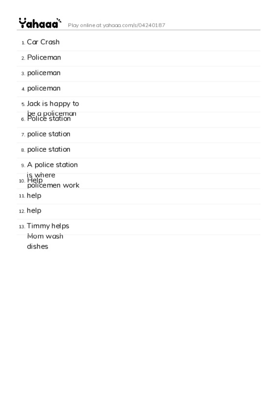 Word list with meanings worksheet for Car Crash, Policeman, policeman and 10 more