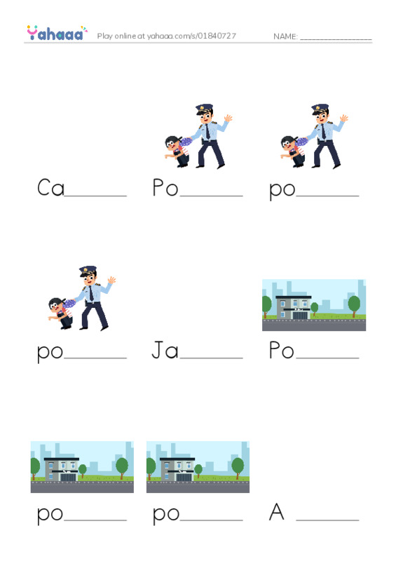 Finish the word worksheet for Car Crash, Policeman, policeman and 10 more