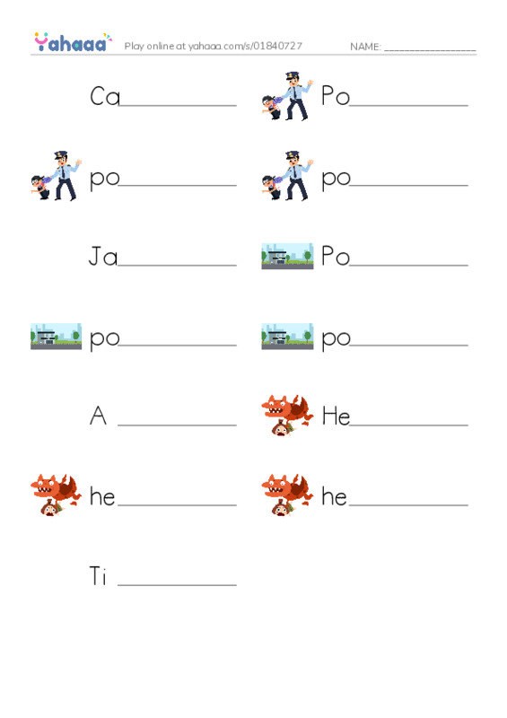 Write the word rows worksheet for Car Crash, Policeman, policeman and 10 more