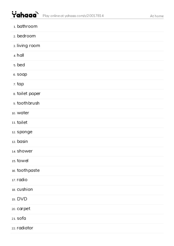 Word list with meanings worksheet for At home