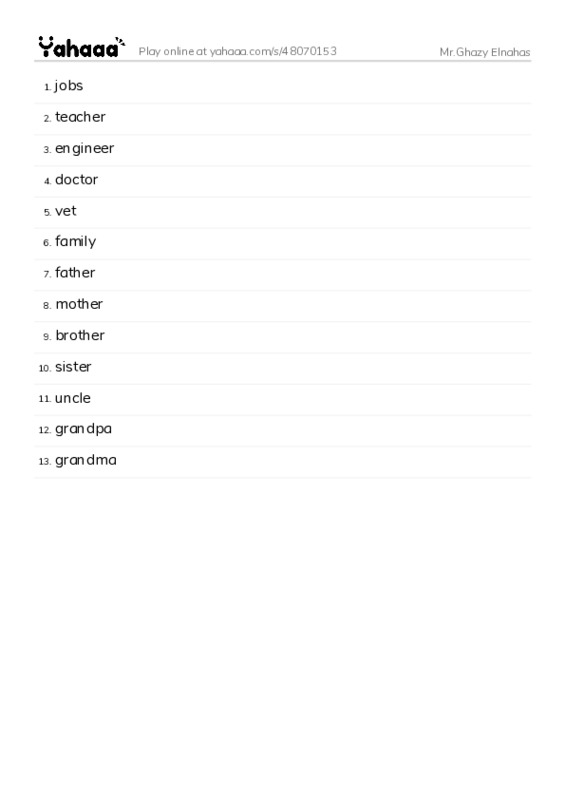 Word list with meanings worksheet for Mr.Ghazy Elnahas