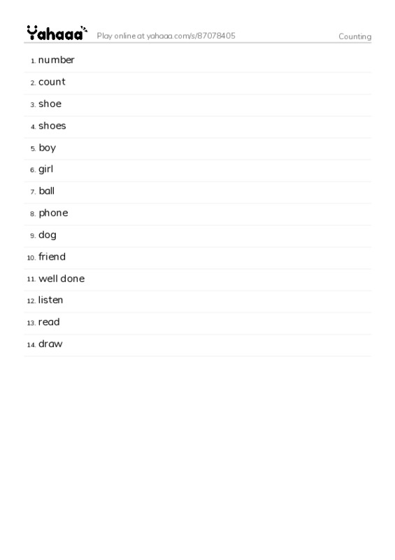 Word list with meanings worksheet for Counting