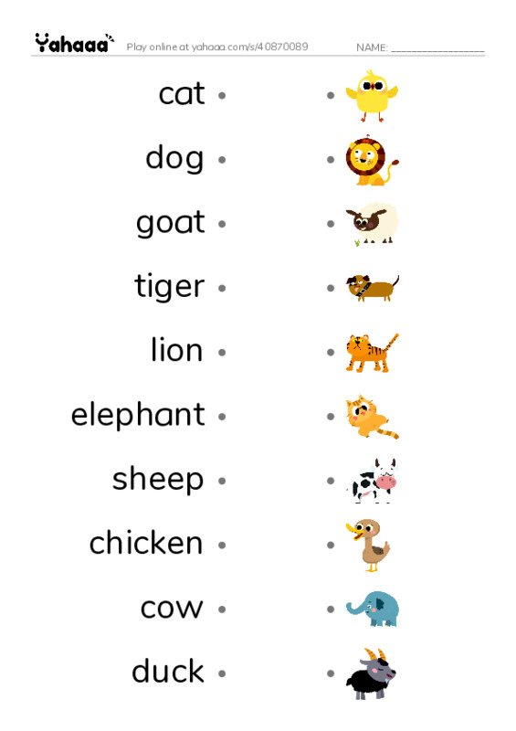 Draw a line to match worksheet for Animals