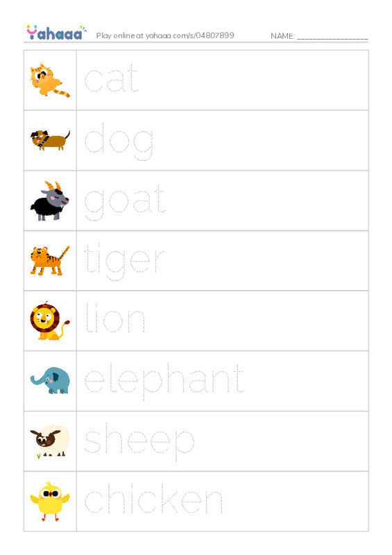 Picture and word rows worksheet for Animals