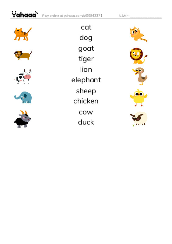 Match both sides worksheet for Animals