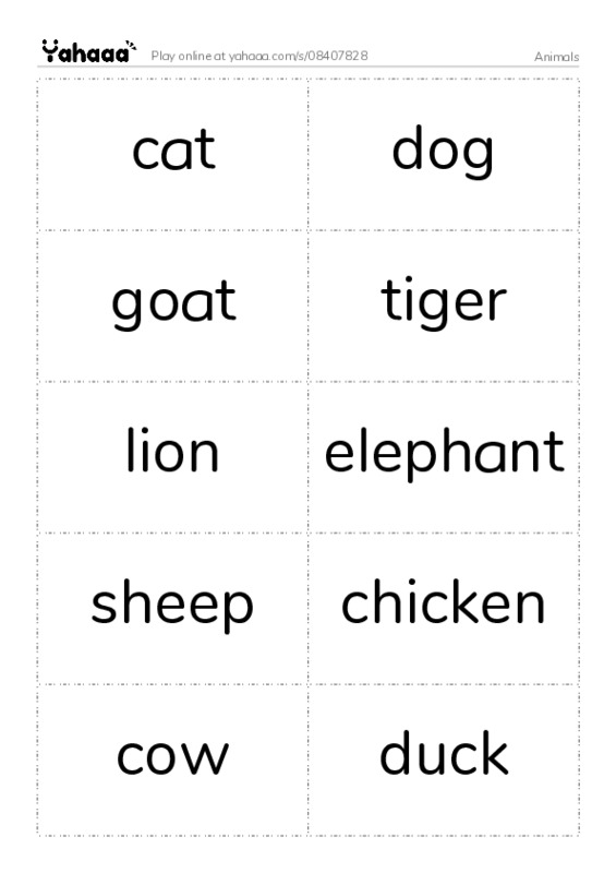 Word flashcards worksheet for Animals