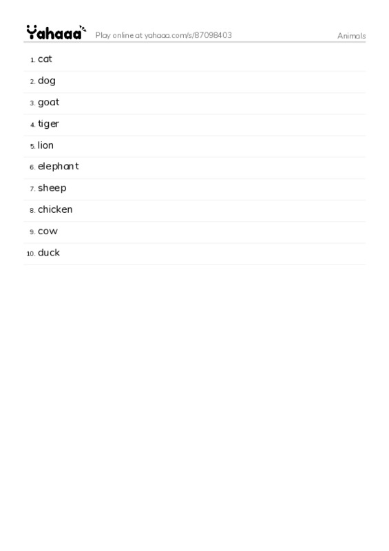 Word list with meanings worksheet for Animals