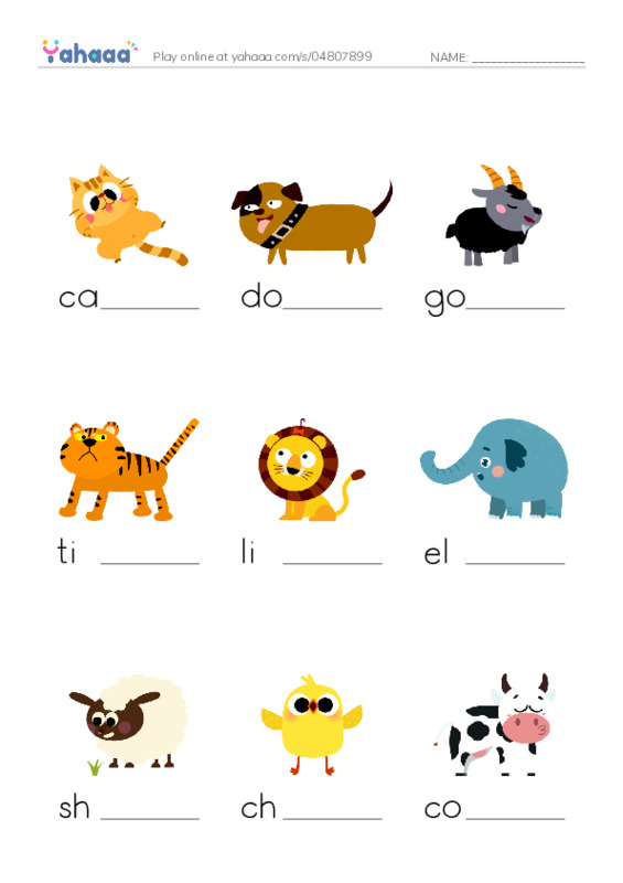 Finish the word worksheet for Animals