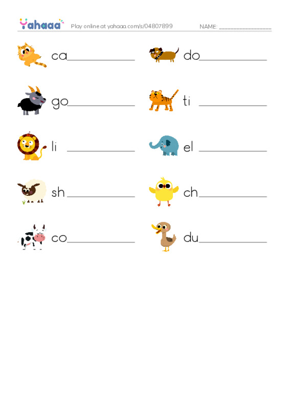 Write the word rows worksheet for Animals