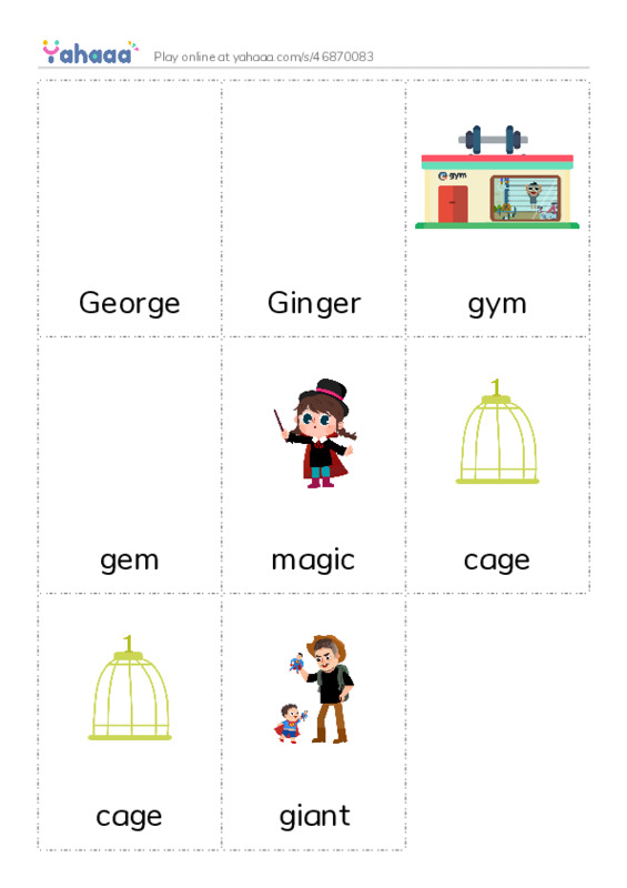 Picture flashcards worksheet for George, Ginger, gym and 5 more